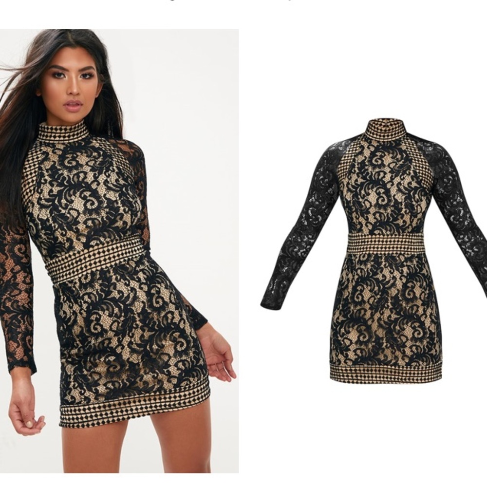 PLT black lace high neck body on mini dress